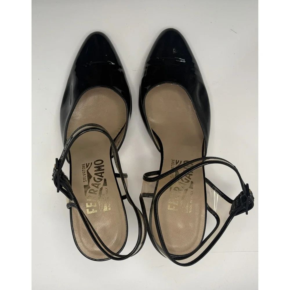 Salvatore Ferragamo Black Patent Leather PVC Ankle Strap Pumps Heels 7.5 B Italy